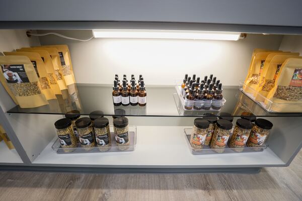 Oils with essences and relaxing tea can be seen on the shelves and are available for people who will use the services at the wholly renovated Sickle Cell Sanctuary. Monday, June 10, 2024.
(Miguel Martinez / AJC)