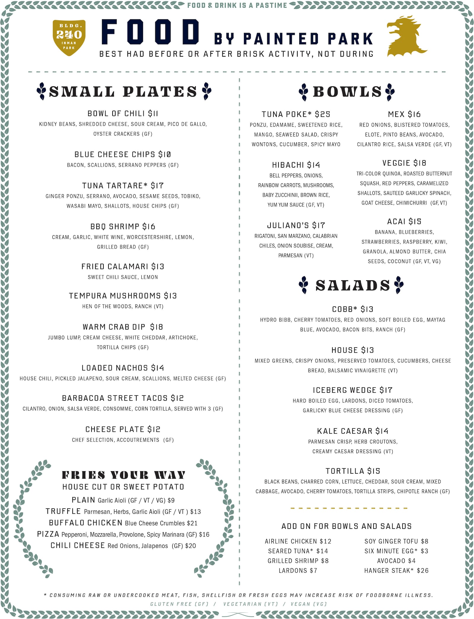 Painted Park menu