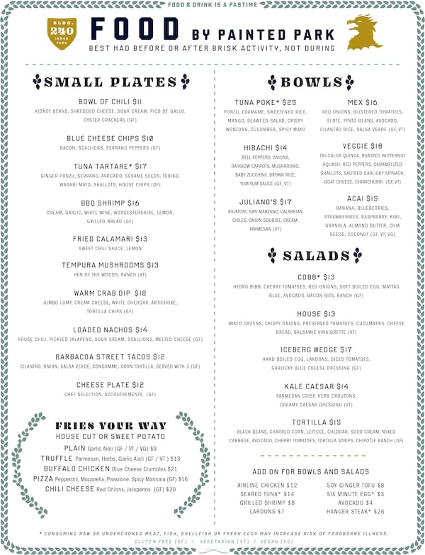 Painted Park menu