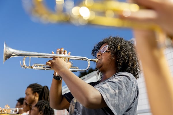 Clark Atlanta University marching band trumpet player Jayda Jackson practices at Panther Stadium at Clark Atlanta University in Atlanta on Thursday, October 10, 2024. (Arvin Temkar / AJC)