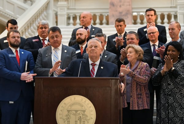 House Speaker David Ralston winks as he speaks during a press conference earlier this year to announce plans to spend millions of dollars on expanding internet throughout Georgia, especially in rural areas that lack access. (Hyosub Shin / Hyosub.Shin@ajc.com)