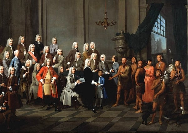 In London in 1734 - a year after James Oglethorpe landed in Savannah with the first English  colonists to start the Georgia colony, William Verelst painted Chief Tomochichi and a delegation of Yamacraw or Creek Native Americans with Oglethorpe and the Georgia Trustees. Oglethorpe is standing in the center, receiving an Indian boy by hand. (Courtesy of Wikipedia/public domain)