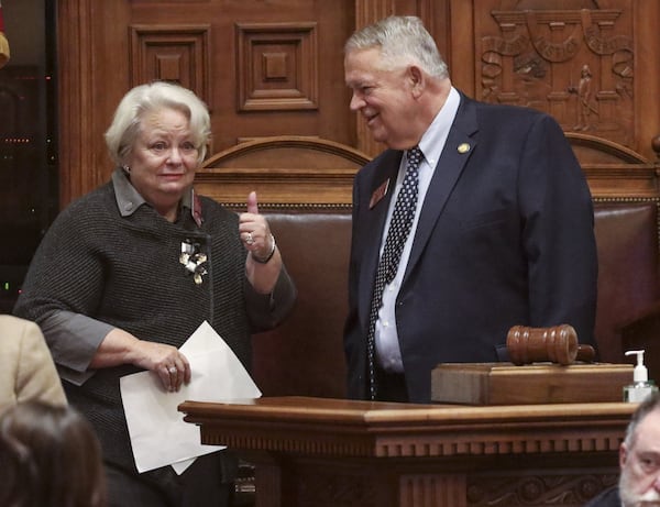 February 18, 2020 - Atlanta - Rep. Mary Margaret Oliver, D - Decatur, gives a thumbs up after conferring with house speaker David Ralston as the General Assembly returned for the 14th legislative day. Bob Andres / robert.andres@ajc.com