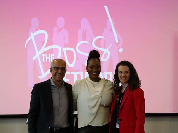 Aziz Benmalek (left), president of North America at Sage, with Cameka Smith (center), founder of The BOSS Network, at an event in 2023.
COURTESY OF SAGE