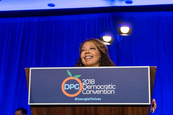 Lucy McBath speaks during the Georgia Democratic Convention on Saturday, August 25, 2018. (ALYSSA POINTER/ALYSSA.POINTER@AJC.COM)