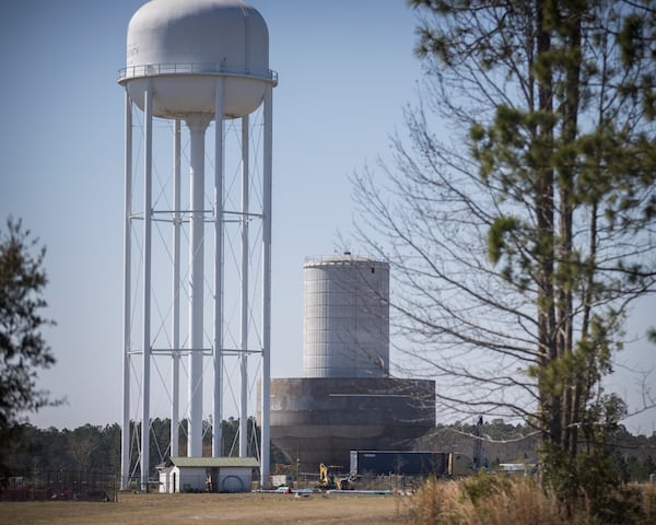 A water tower under construction (center) at the edge of the Hyundai Metaplant site that will be used to hold groundwater pumped from Bulloch County, Wednesday, Feb. 21, 2024, Ellabell, Ga. (Stephen B. Morton/AJC)