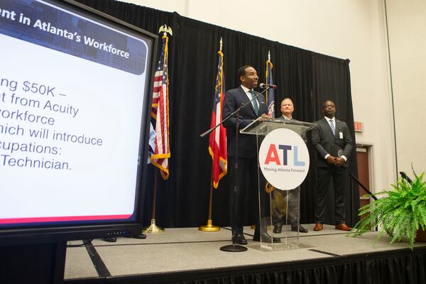 Mayor Andre Dickens speaks during a press conference with Atlanta Technical College president Victoria Seals and Acuity Brands CEO Neil Ashe at Atlanta Technical College on Tuesday, September 27, 2022, in Atlanta.  Current and upcoming investments in the city's local workforce were announced. CHRISTINA MATACOTTA FOR THE ATLANTA JOURNAL-CONSTITUTION.