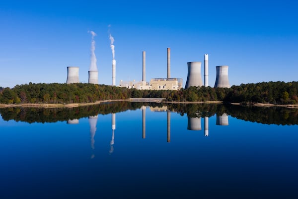 Plant Scherer, a Georgia Power plant, is seen from the air using a drone on Tuesday, November 9, 2021, near Juliette. (Elijah Nouvelage for The Atlanta Journal-Constitution)