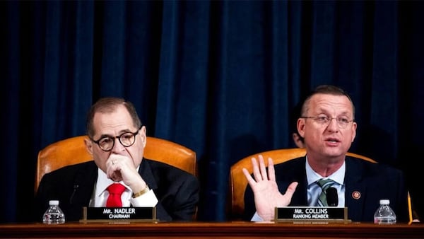 House Judiciary Committee ranking member Rep. Doug Collins, R-Ga., speaks as House Judiciary Committee Chairman Rep. Jerrold Nadler, D-N.Y., listens as the House Judiciary Committee hears investigative findings in the impeachment inquiry of President Donald Trump, Monday, Dec. 9, 2019, on Capitol Hill in Washington.