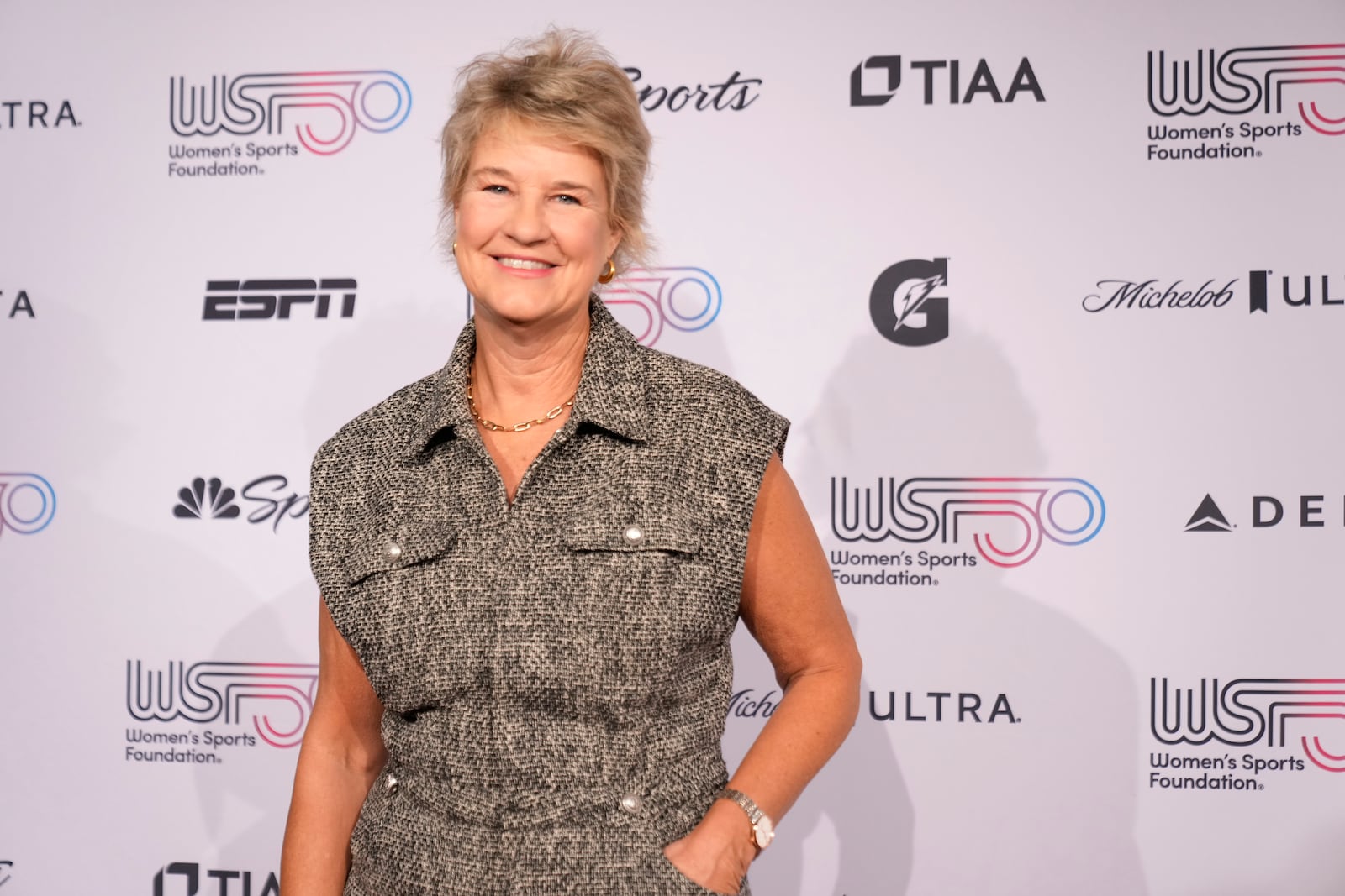 Lisa Bluder poses for photos on the red carpet at the Women's Sports Foundation's Annual Salute to Women in Sports, Wednesday, Oct. 16, 2024, in New York. (AP Photo/Pamela Smith)