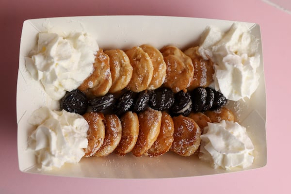 The pancake dessert, “Creamy Dreamy Oreo,” is shown at Panda Pancakes near the food court at the North Point Mall, Thursday, November 7, 2024, in Alpharetta, Ga. (Jason Getz / AJC)
