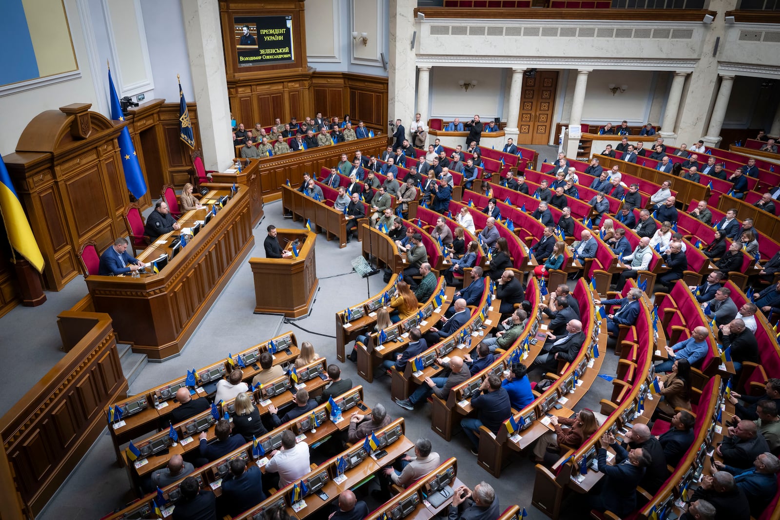 In this photo provided by the Press Service Of The President Of Ukraine on Oct. 16, 2024, Ukraine's President Volodymyr Zelenskyy speaks to parliamentarians at Verkhovna Rada in Kyiv, Ukraine. (Press Service Of The President Of Ukraine via AP)