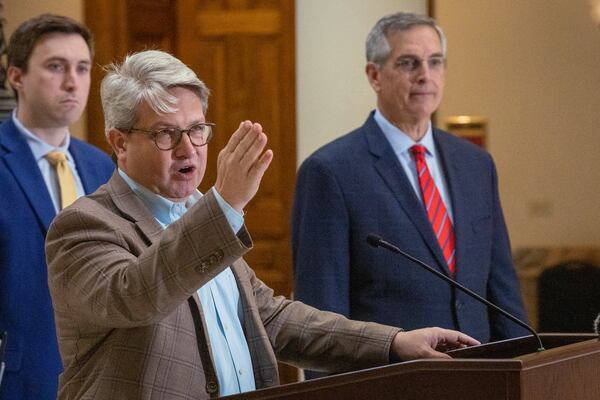 Gabriel Sterling talks at a press conference as Secretary of State Brad Raffensperger looks on at the state capital Tuesday, Oct. 25, 2022. Brad Raffensperger said that Georgia's election turnout surged past 1 million voters Tuesday. Steve Schaefer/steve.schaefer@ajc.com)