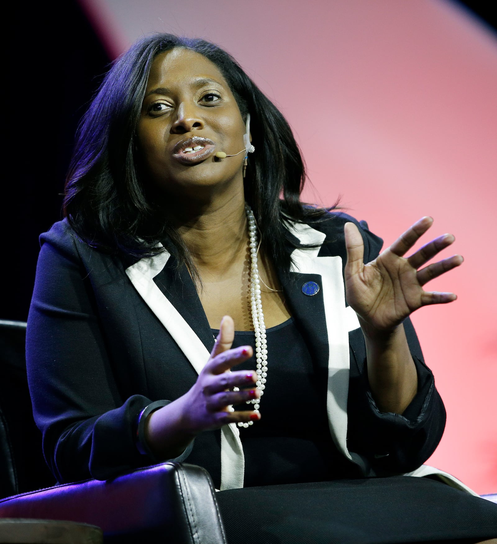 FILE - Jotaka Eaddy of the NAACP speaks during a panel discussion on black turnout for midterm elections and voter suppression during the NAACP annual convention Tuesday, July 22, 2014, in Las Vegas. (AP Photo/John Locher, File)