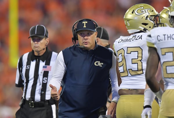 Georgia Tech head coach Geoff Collins reacts in the second half of his debut game Thursday, Aug. 29, 2019, at Memorial Stadium in Clemson, S.C. Clemson won 52-14. (Hyosub Shin / Hyosub.Shin@ajc.com)