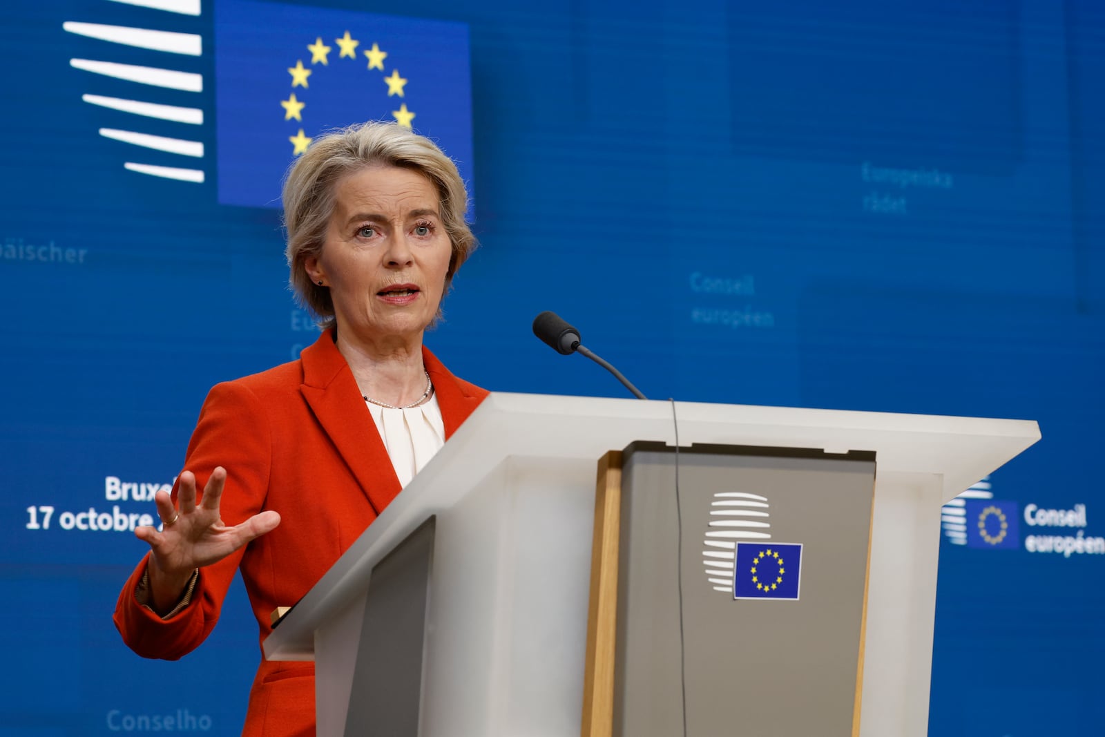 European Commission President Ursula von der Leyen speaks during a media conference at an EU summit in Brussels, Thursday, Oct. 17, 2024. (AP Photo/Geert Vanden Wijngaert)