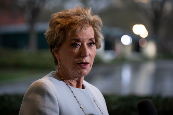 Secretary of Education Linda McMahon speaks to reporters at the White House in Washington, Thursday, March 20, 2025. (AP Photo/Ben Curtis)