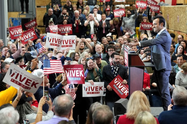 Vivek Ramaswamy announces his candidacy for Ohio governor, Monday, Feb. 24, 2025, in West Chester Township, Ohio. (AP Photo/Kareem Elgazzar)