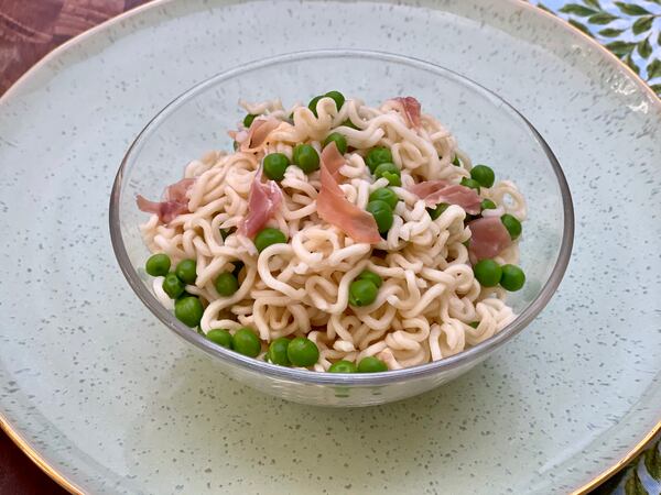 For a dish such as Personal Prosciutto and Pea Pasta, use instant ramen noodles (minus the flavor packets) to make fast single servings of your favorite pastas. Kellie Hynes/For The AJC