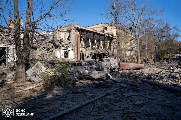 In this photo provided by the Ukrainian Emergency Services on Nov. 25, 2024, a building is seen destroyed by a Russian strike on a residential neighbourhood in Odesa, Ukraine. (Ukrainian Emergency Service via AP)