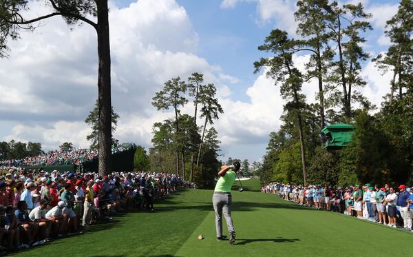 April 11, 2019 - Augusta - Jon Rahm tees off on 18 during the first round of the Masters Tournament Thursday, April 11, 2019, at Augusta National Golf Club in Augusta. Curtis Compton / ccompton@ajc.com