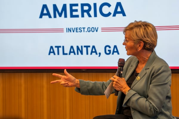 U.S. Secretary of Energy Jennifer Granholm speaks during a on Sept. 13, 2024, discussion hosted by the Atlanta Regional Commission in Atlanta. The event, exclusive to The Atlanta Journal-Constitution, covered key topics including clean energy, data centers and nuclear power. Granholm's visit comes amid ongoing discussions about the future of sustainable energy in Georgia. Olivia Bowdoin for the AJC