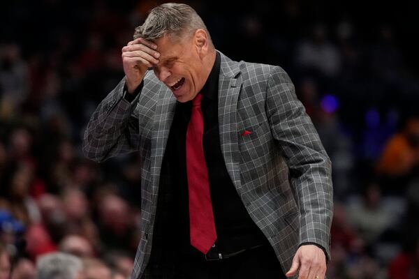 Oklahoma head coach Porter Moser walks on the court during the second half of an NCAA college basketball game against Georgia at the Southeastern Conference tournament, Wednesday, March 12, 2025, in Nashville, Tenn. (AP Photo/George Walker IV)