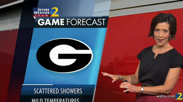 Channel 2 Action News meteorologist Jennifer Lopez is calling for a chance of scattered showers and mild temperatures for Saturday's University of Georgia football home game.