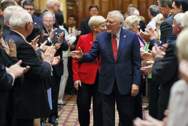 3/29/18 - Atlanta - Gov. Nathan Deal and First Lady Sandra Deal are greeted with a standing ovation as they enter the House where Deal addressed them for his last Sine Die. Thursday was the 40th and final day of the 2018 General Assembly. BOB ANDRES /BANDRES@AJC.COM