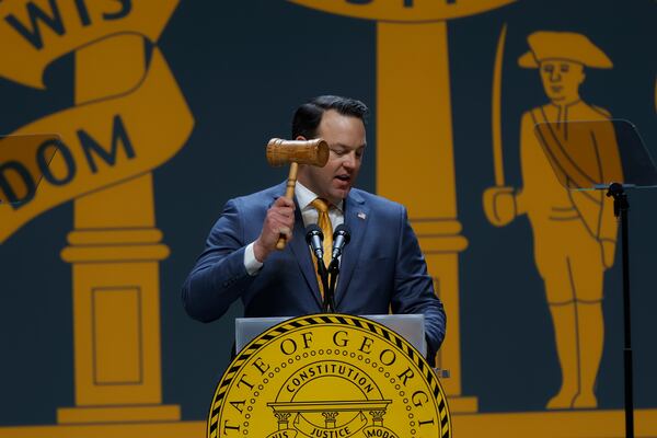 Lt. Gov. Burt Jones gavels out at the end of the inauguration of Gov. Brian Kemp at Georgia State University Convocation Center  on Thursday, January 12, 2023. (Natrice Miller/The Atlanta Journal-Constitution) 