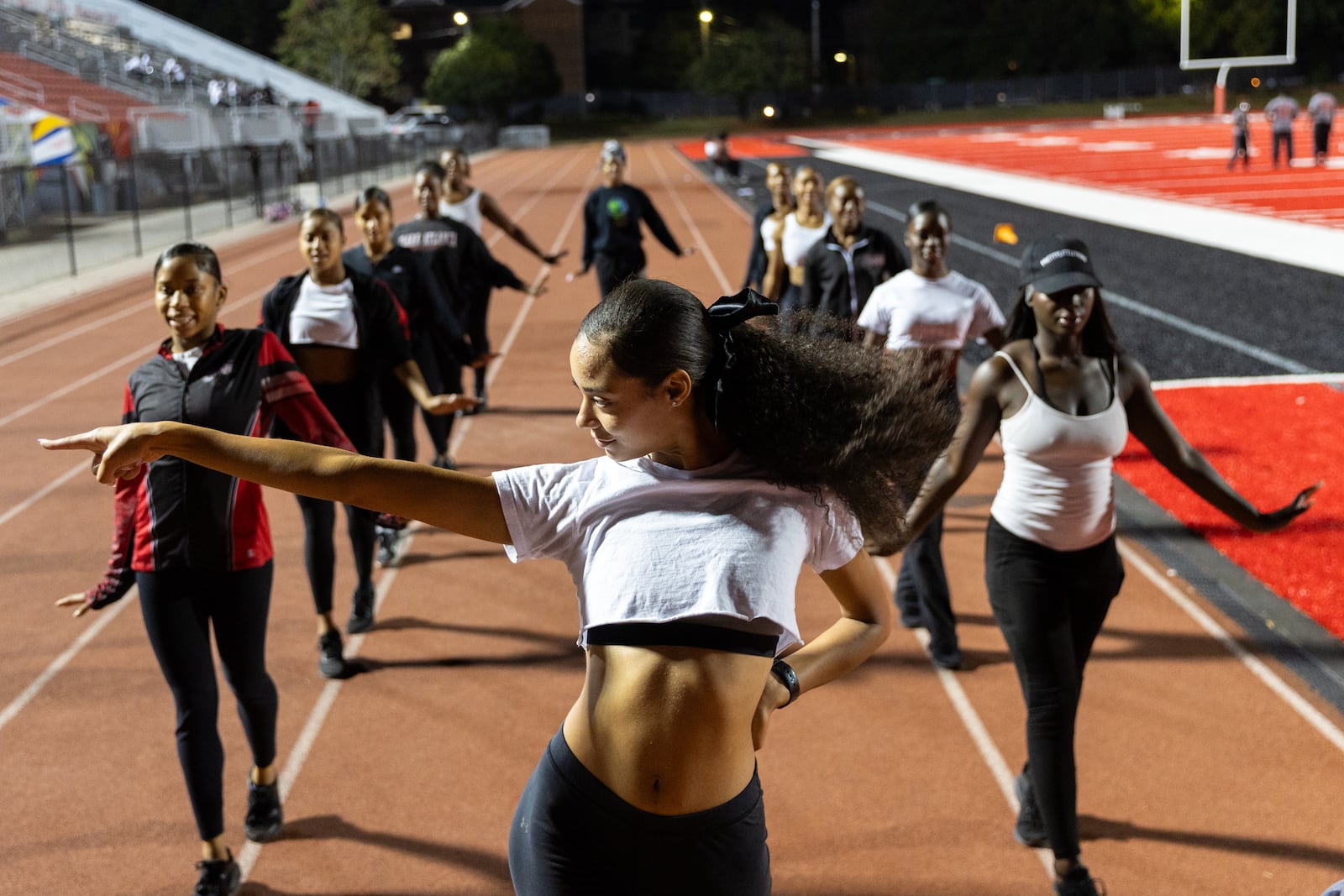 Dancers led by dance line captain Zoey Siegel practice at Panther Stadium at Clark Atlanta University in Atlanta on Thursday, October 10, 2024. (Arvin Temkar / AJC)