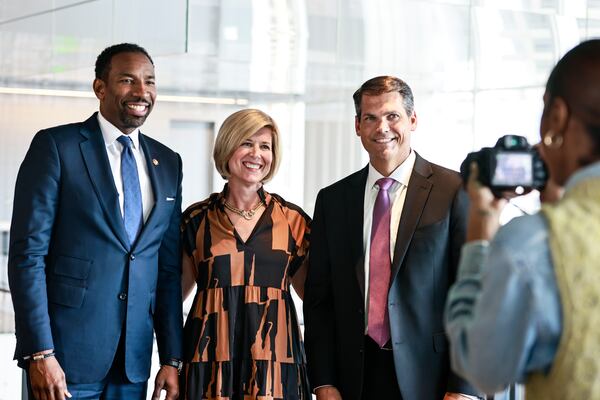 (Left to right) Mayor Andre Dickens, Atlanta Chamber CEO and President Katie Kilpatrick and Lt. Gov Geoff Duncan pose for a photo before attending the Innovation Week kickoff event on Tuesday, October 11, 2022. (Natrice Miller/natrice.miller@ajc.com)  