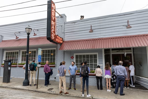 A line forms for the reopening of Mary Mac’s Tea Room in Atlanta on Wednesday, May 8, 2024. The iconic restaurant’s roof collapsed after a storm in March. (Arvin Temkar / AJC)