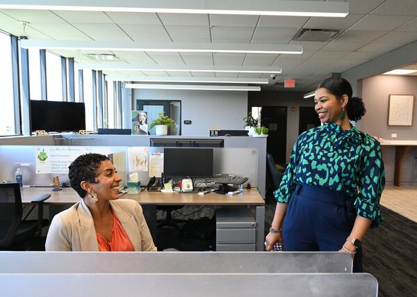 Martina Edwards (right), Chief of Strategic Partnerships at Access to Capital for Entrepreneurs (ACE), chats with Jennifer Barbosa, Founder and CEO of Queen Supplier, at the Russell Innovation Center for Entrepreneurs, Thursday, March 28, 2024, in Atlanta.  (Hyosub Shin / Hyosub.Shin@ajc.com)