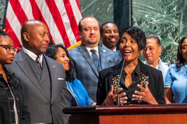 Former Atlanta Mayor Keisha Lance Bottoms visited City Hall on April 17, 2023, to commend Atlanta Municipal Clerk Foris Webb III. Webb is retiring after nearly 34 years of public service.