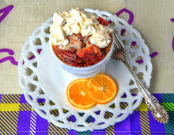 New Orleans Bread Pudding With Lemon Sauce, adapted from a recipe in “Chef Paul Prudhomme’s Louisiana Kitchen.” (Styling by Lisa Hanson / Chris Hunt for the AJC)