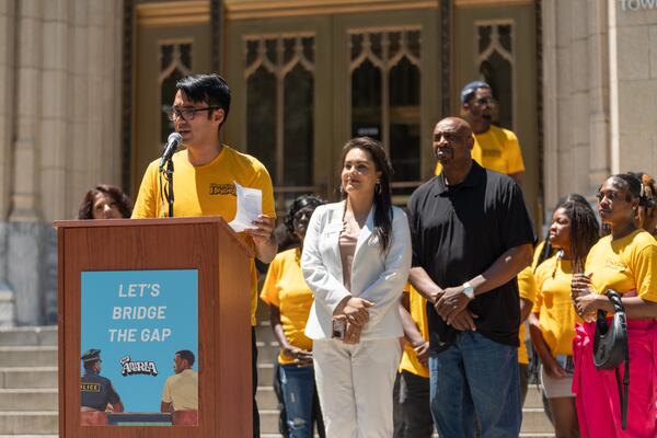 Supporters of the Atlanta Public Safety Training Center speak on the steps of City Hall on Monday, May 20, 2024. (Ben Hendren for the Atlanta Journal Constitution)