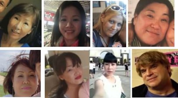 Metro Atlanta' s spa shooting victims.
Clockwise from top left: Yong Ae Yue; Xiaojie “Emily” Tan; Delaina Ashley Yaun Gonzalez; Suncha Kim; Paul Andre Michels; Daoyou Feng; Hyun Jung Grant and Soon Chung Park