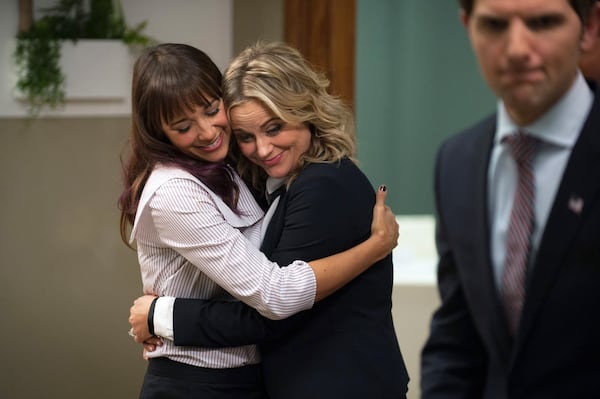 Ann and Leslie forever! The day before Valentine's Day is celebrated as Galentine's Day thanks to Amy Poehler's character Leslie Knope (left), seen here with BFF Ann Perkins (right, played by Rashida Jones), in the sitcom "Parks and Recreation."