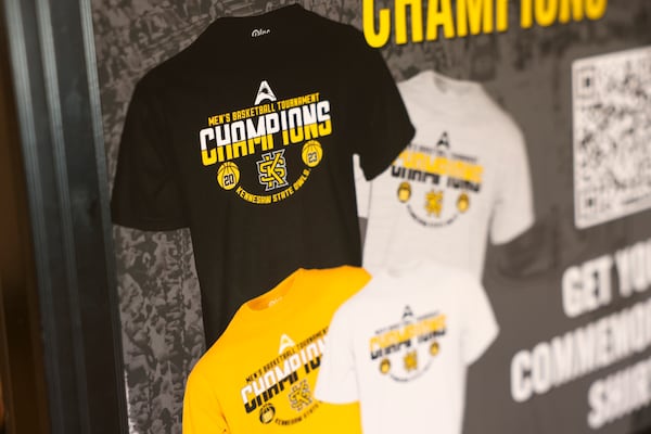 Kennesaw State University's bookstore is preparing to sell men's basketball ASUN championship apparel this week. Jason Getz / Jason.Getz@ajc.com)
