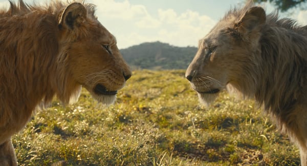 Mufasa, voiced by Aaron Pierre (left), and Taka, voiced by Kelvin Harrison Jr., share a scene in "Mufasa: The Lion King." (Disney via AP)