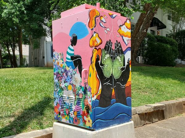 A mural by Brandon Moultrie adorns a utility box in Candler Park. (Photo by streetartmap.org)