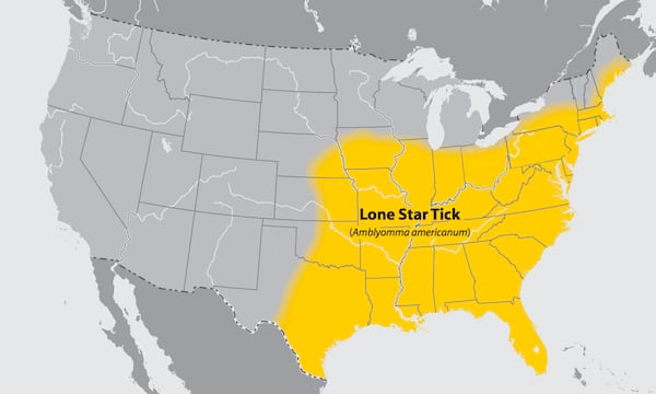 "This map shows the extent of established Amblyomma americanum tick populations, commonly known as lone star ticks. However, tick abundance within this area varies locally. The map does not represent the risk of contracting any specific tickborne illness." - CDC