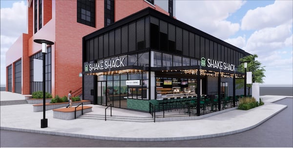 A rendering shows the exterior of Shake Shack, set to open at The Battery Atlanta in 2025.