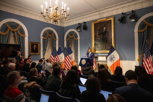 New York City Mayor Eric Adams speaks during a press conference at City Hall following meeting with President-elect Donald Trump’s incoming "border czar" Tom Homan, Thursday, Dec. 12, 2024, in New York. (AP Photo/Yuki Iwamura)