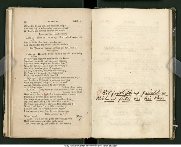 John Wilkes Booth’s promptbook for Shakespeare’s “Richard III,” c. 1861-1864. On the right page is Booth’s note reading, “Put the footlights up quickly as Richard falls on his knee.”