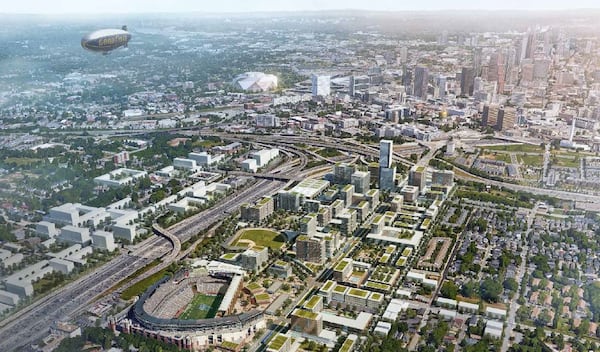 A rendering of possible future development at Turner Field shows The Ted as a football stadium for Georgia State University. It also shows denser development in a walkable street grid. The concepts were generated by a Livable Centers Initiative planning exercise conducted by the city, the Atlanta Regional Commission and planners Perkins+Will. (Source Perkins+Will)