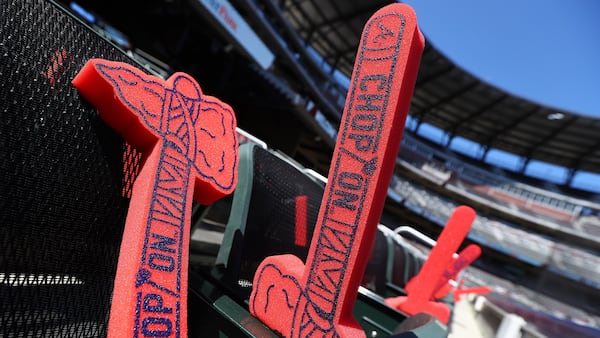 Foam tomahawks wait in the seats for fans for the Atlanta Braves and the Chicago Cubs in the Braves home opener MLB baseball game at SunTrust Park on Monday, April 1, 2019, in Atlanta.    Curtis Compton/ccompton@ajc.com