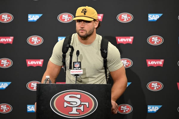 San Francisco 49ers defensive end Nick Bosa speaks at a news conference after an NFL football game against the Dallas Cowboys in Santa Clara, Calif., Sunday, Oct. 27, 2024. (AP Photo/Eakin Howard)