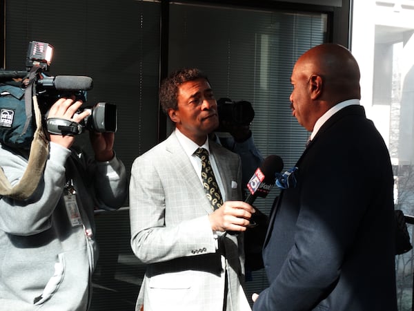 Morse Diggs of Fox 5, which airs Steve Harvey's talk show daily at 3 p.m. weekdays, interviews him about the awards show. CREDIT: Rodney Ho/rho@ajc.com